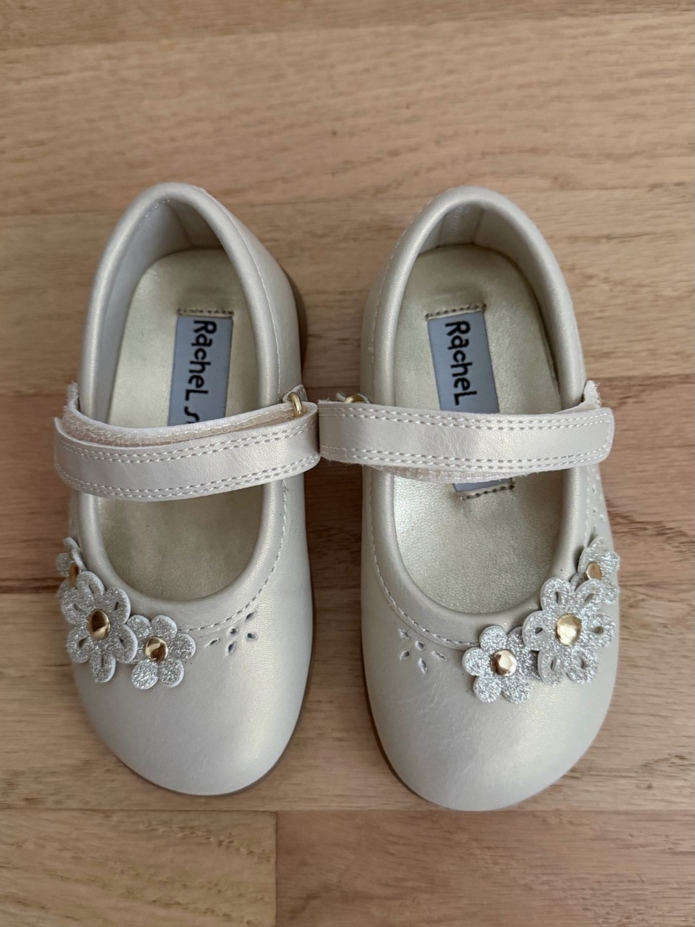Rachel Shoes Beige Pearl Girls Mary Jane Flats with Floral Gems